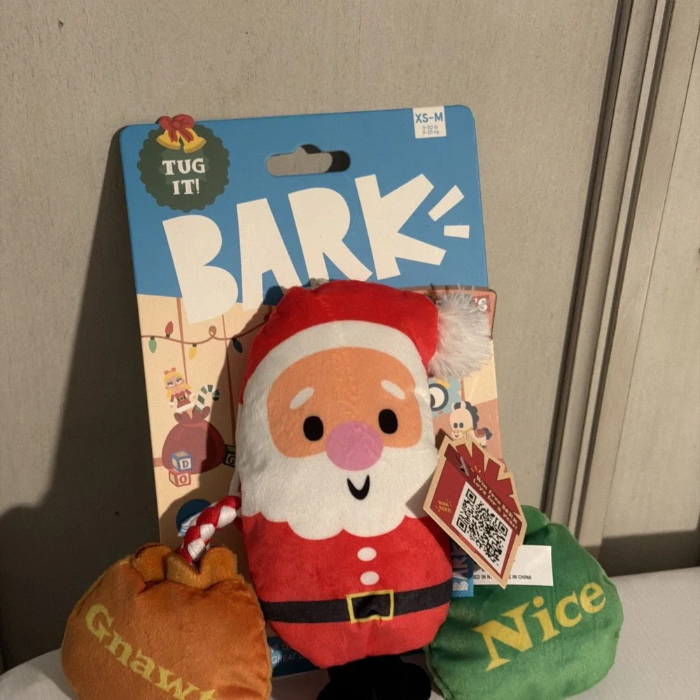 New Bark Box Santa Workchomp Nice Rope Tug Squeaker Dog Toy XS-M Crinkle